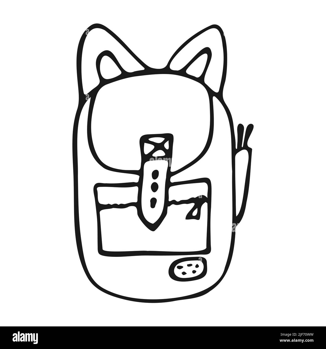 Schultasche im Doodle-Stil. Schulrucksack oder Wanderrucksack handgezogen. Vektor-Schwarz-Weiß-Illustration. Stock Vektor