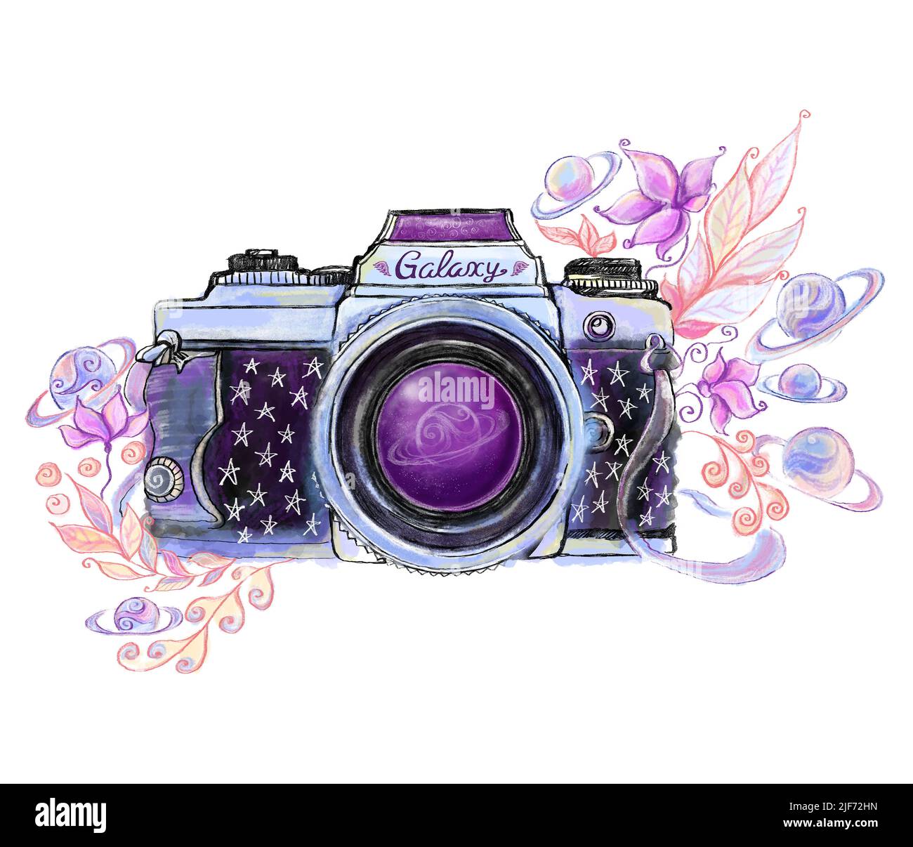Galaxienkamera mit Blumen und Planeten Stockfoto