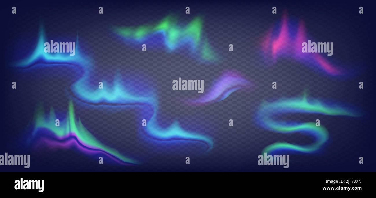 Realistische Vektor Nordlichter gesetzt. Erstaunliche aurora Borealis Nacht polaren Himmel auf alpha stransparent Hintergrund. Stock Vektor