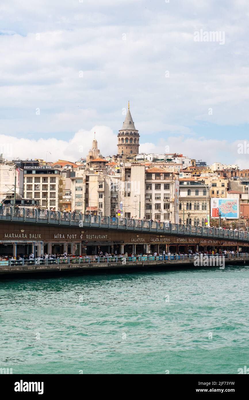 Beyoglu-Viertel von Istanbul mit der Karakoy-Brücke im Vordergrund Stockfoto