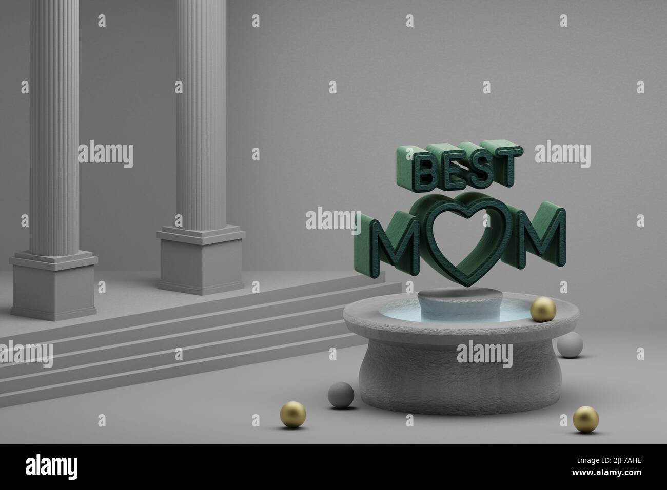 Schöne abstrakte Illustrationen Green Best MOM Symbol-Symbol auf einem Brunnen und Säule Hintergrund. 3D Rendering-Illustration. Muttertag. Stockfoto