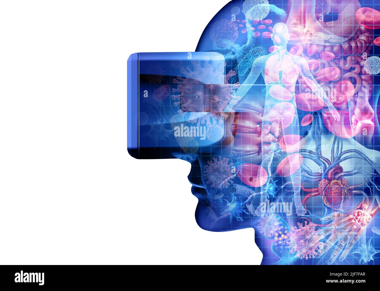 Remote-Medizin und Virtual Reality-Gesundheits- und medizinische Bildungstechnologie als menschlicher Körper und Krankheit, die durch ein VR-Headset als Gesundheit angesehen wird. Stockfoto