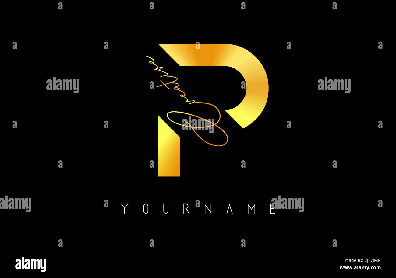 Kreatives goldenes P-Logo mit Schnitten und handgeschriebenem Textkonzept. Buchstabe mit geometrischem Design. Vektor-Illustration mit Brief und kreativem Schnitt. Stock Vektor