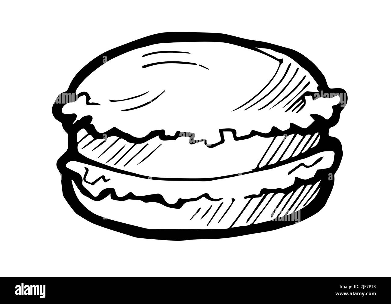 Burger im Brötchen mit Kräutern und Fleisch. Handzeichnung Umriss. Isoliert auf weißem Hintergrund. Laib und Brot süße Brötchen. Monochrome Zeichnung. Vektor Stock Vektor
