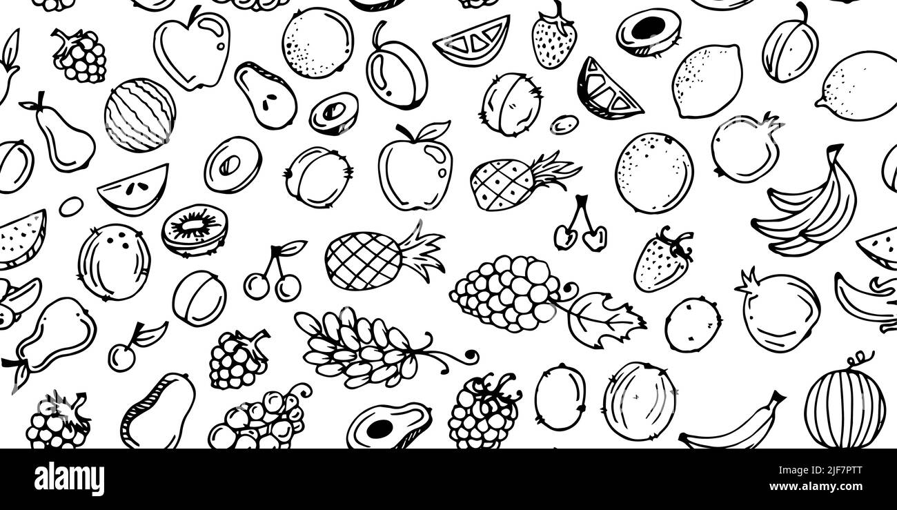 Gartenfrüchte. Essbare Lebensmittelpflanzen. Nahtloses Muster. Monochrome Zeichnung. Handzeichnung Umriss. Isoliert auf weißem Hintergrund. Vektor Stock Vektor