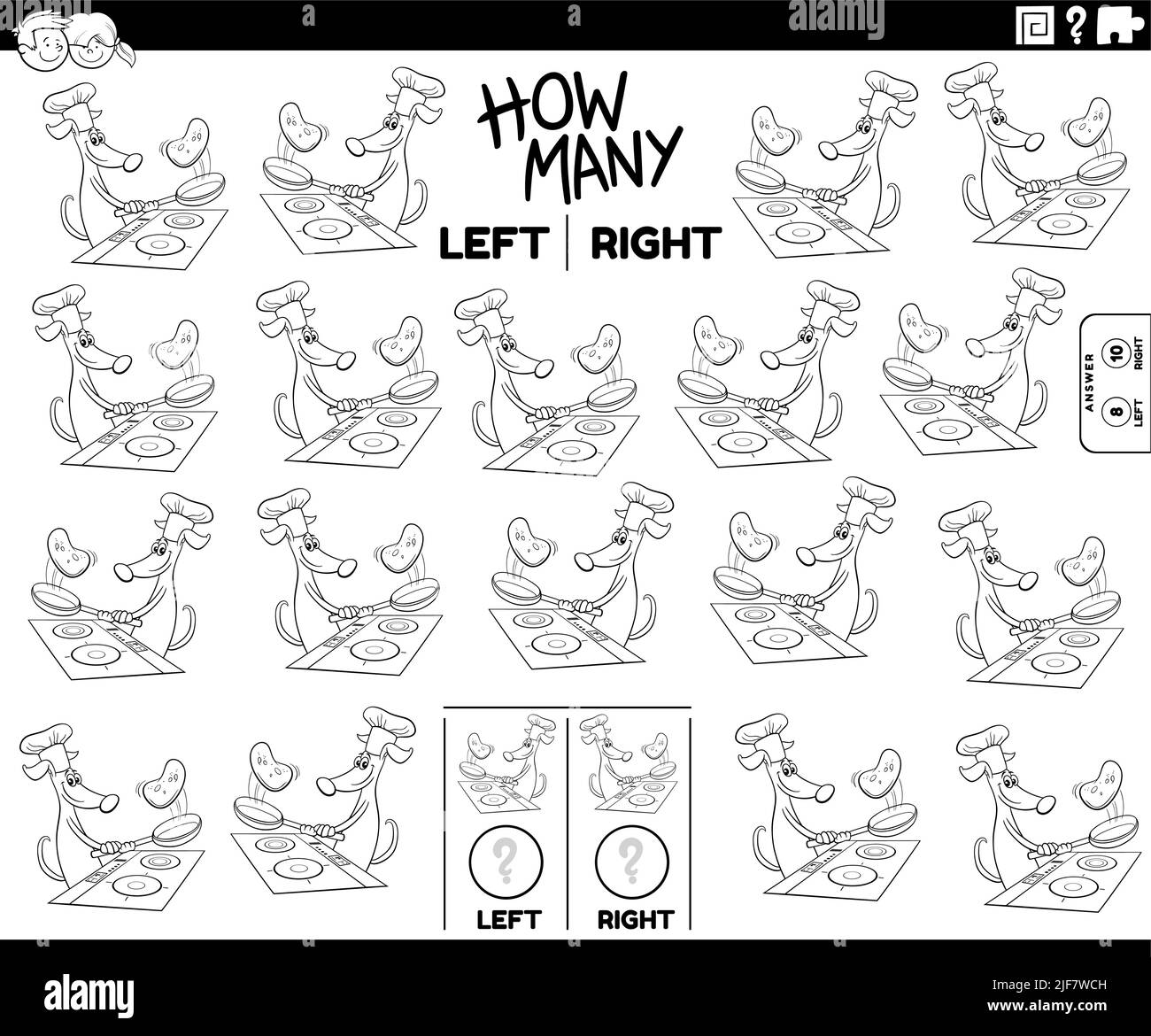 Schwarz-Weiß-Cartoon-Illustration der pädagogischen Aufgabe der Zählung links und rechts orientierte Bilder von Comic-Hund machen Pfannkuchen Malseite Stock Vektor