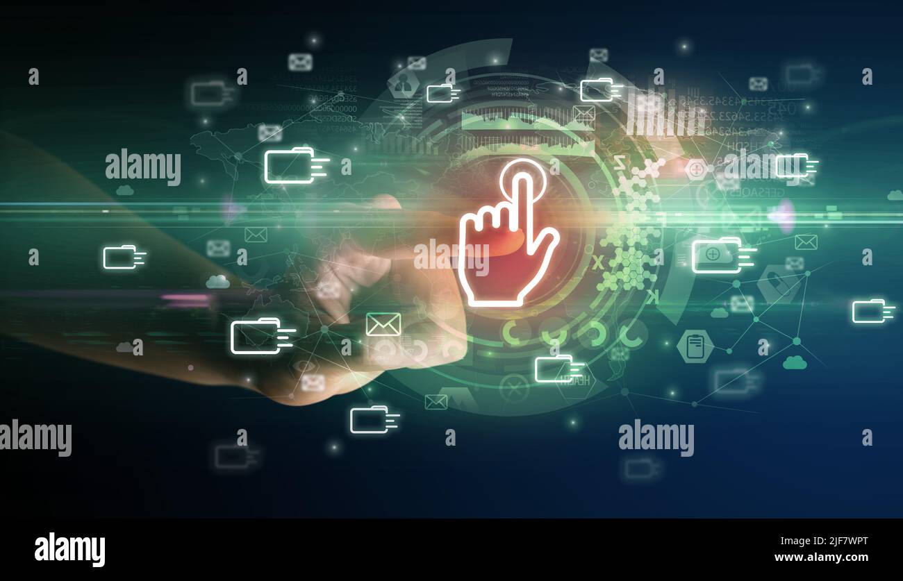 Berühren mit Soft-Gesture-Multimedia-Bildschirm mit Zukunftstechnologie Konzept Stockfoto