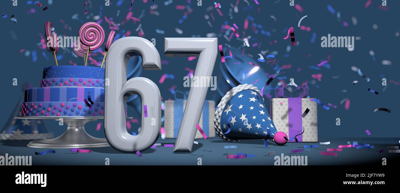 Vorne solide weiße Zahl 67, Geburtstagskuchen mit Lutscher-Süßigkeiten, Geschenke und Party-Hut mit Bugles schießen rosa und lila Konfetti ag geschmückt Stockfoto