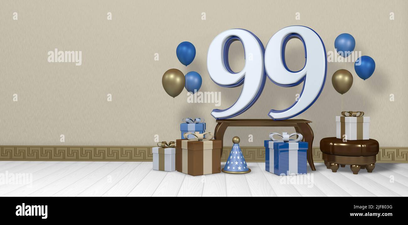 Weiße Nummer 99 mit blauer Bordüre auf Holztisch, umgeben von hellbraunen, blauen und weißen Geschenkschachteln und Ballons, die leer auf Holzboden schweben Stockfoto