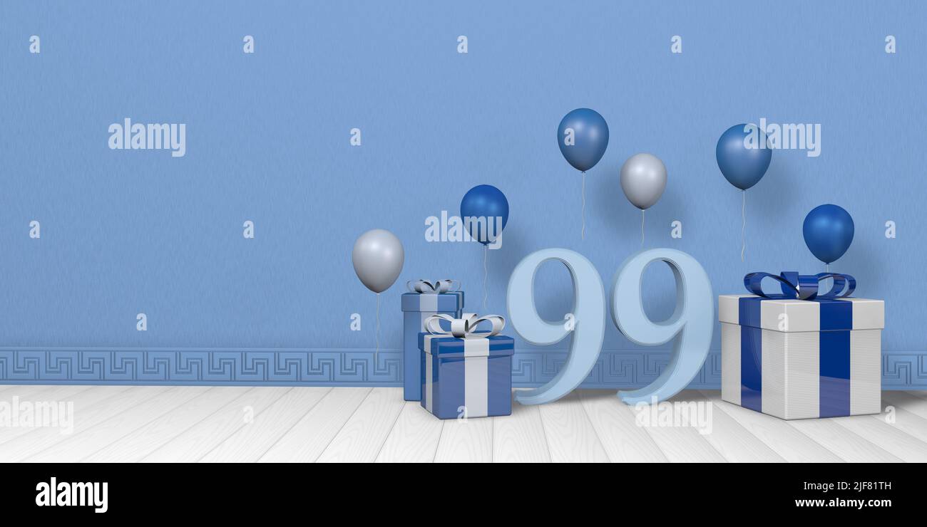 Hellblaue Zahl 99 zwischen hellblauen und weißen Geschenkschachteln, die mit Ballons geschmückt sind und auf weißem Holzboden in einem leeren Raum mit pastellblauer Wand schweben. Stockfoto