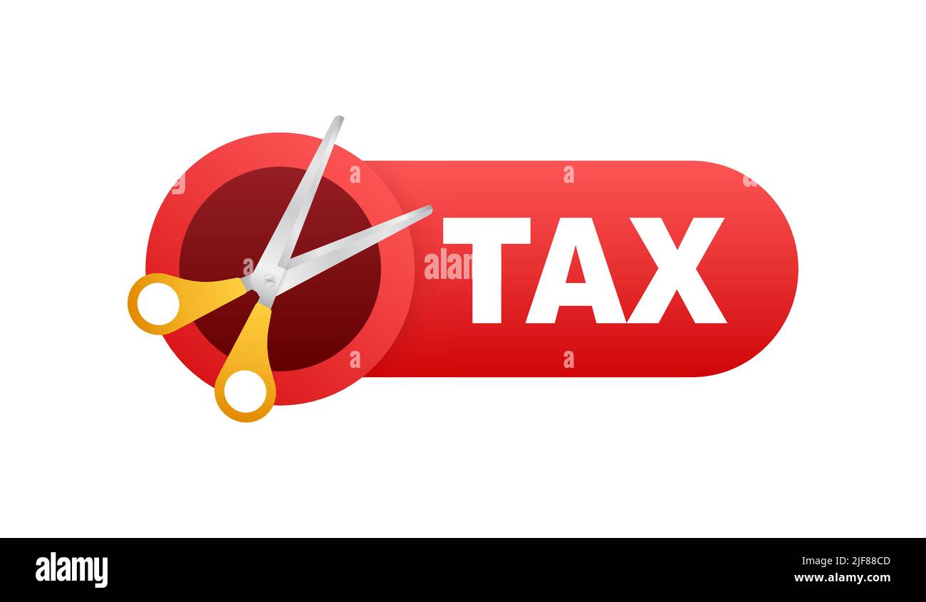 Steuersenkung im Cartoon-Stil auf weißem Hintergrund. Vektorgrafik, Zeichentrickfigur. Stock Vektor