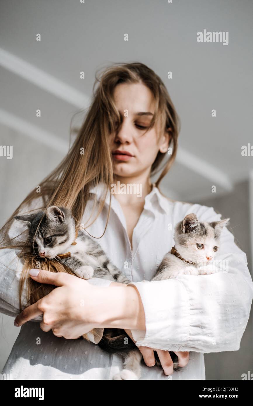 Katzenadoption, adoptieren Kätzchen aus Rettungen und Unterkünften. Porträt einer Frau, die mit zwei ausgezüchteten Adoptivkätzchen spielt Stockfoto