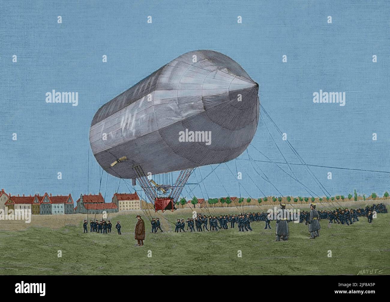 Deutschland. Flugtest der Aerostation mit einem Aluminiumluftschiff, der am 3. November 1897 in Tempelhof bei Berlin stattfand. David Schwarz (1850-1897) hat es entworfen und gebaut. Das Luftschiff war 134 Fuß lang und 46 Fuß hoch. Der Test gab nicht die erwarteten Ergebnisse, obwohl das Schiff eine Höhe von 400 Metern erreichte, stürzte es ab. Gravur von Matute. Spätere Färbung. La Ilustración Española y Americana, 1898. Stockfoto