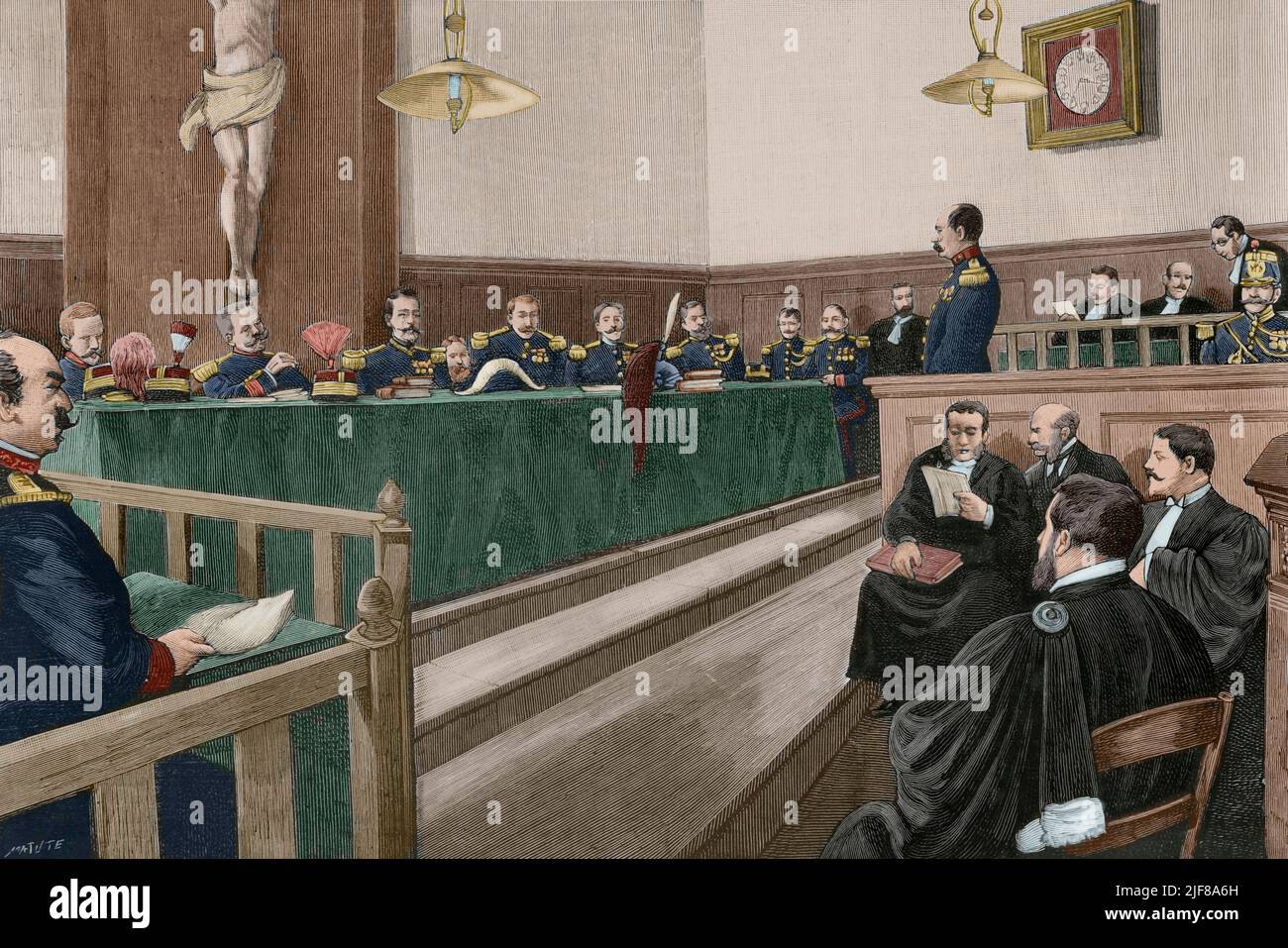 Ferdinand Walsin Esterhazy (1847-1923). Französischer Militäroffizier von 1870 bis 1898. Als Spion für das Deutsche Reich war er der Autor der Verräterakte, für die Alfred Dreyfus verurteilt wurde. Am 10. Januar 1898 wurde er vor einem Militärgericht verurteilt. Eine Kampfsitzung vor dem Gericht. Das Gericht sprach ihn einstimmig frei. Gravur von Matute. Spätere Färbung. La Ilustración Española y Americana, 1898. Stockfoto