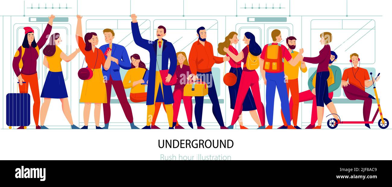 Öffentliches Verkehrsmittel und U-Bahn-Konzept mit Rush Hour-Symbolen flache Vektordarstellung Stock Vektor