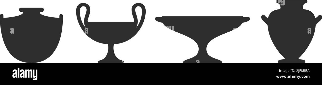Set aus Vase-Silhouetten. Verschiedene antike Keramikvasen. Antike griechische Gläser und Amphoren Silhouetten. Tongefäße Keramik. Vektor Stock Vektor