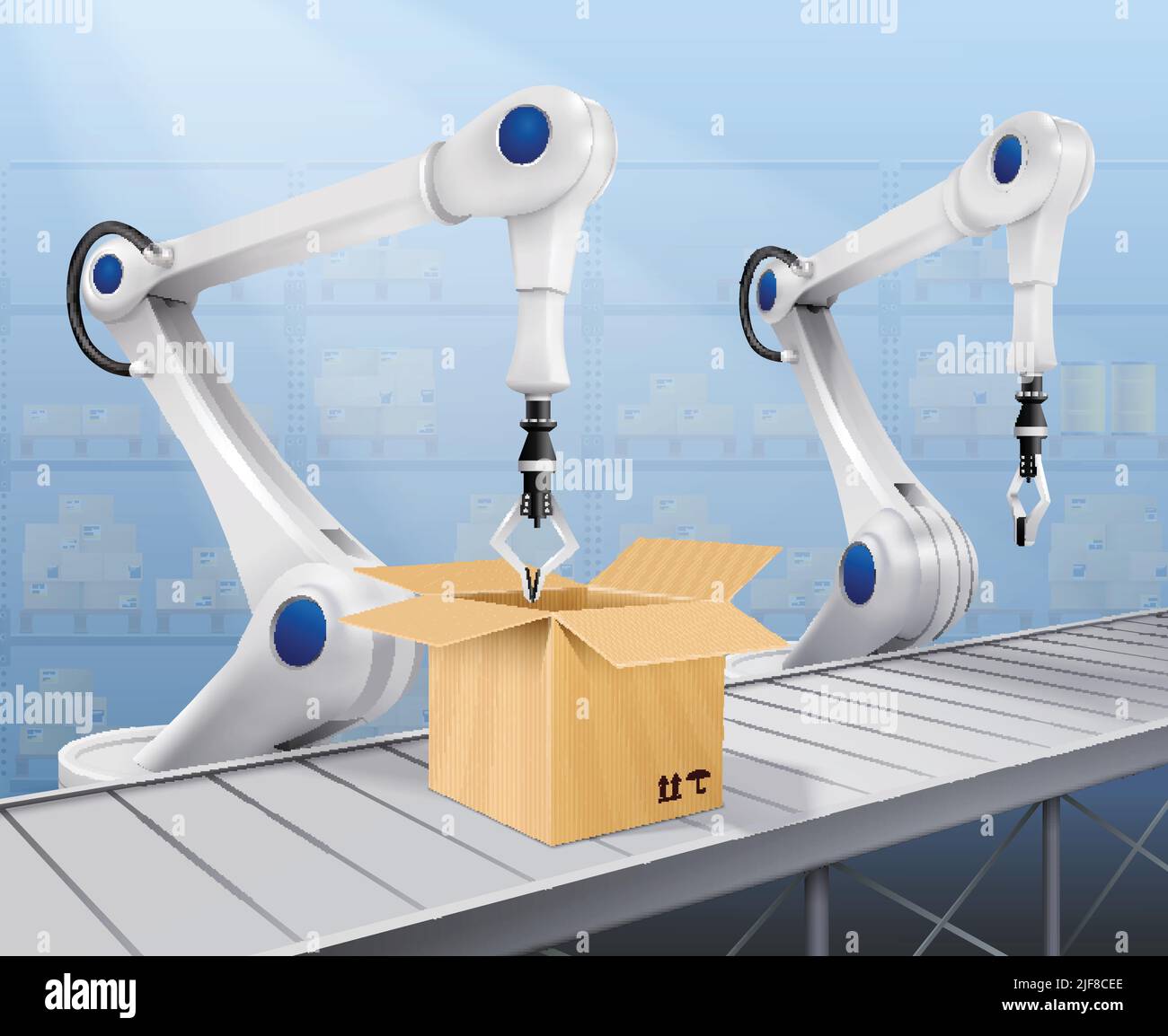 Roboterarm realistischer Hintergrund mit Verpackung Waren Symbole Vektor-Illustration Stock Vektor