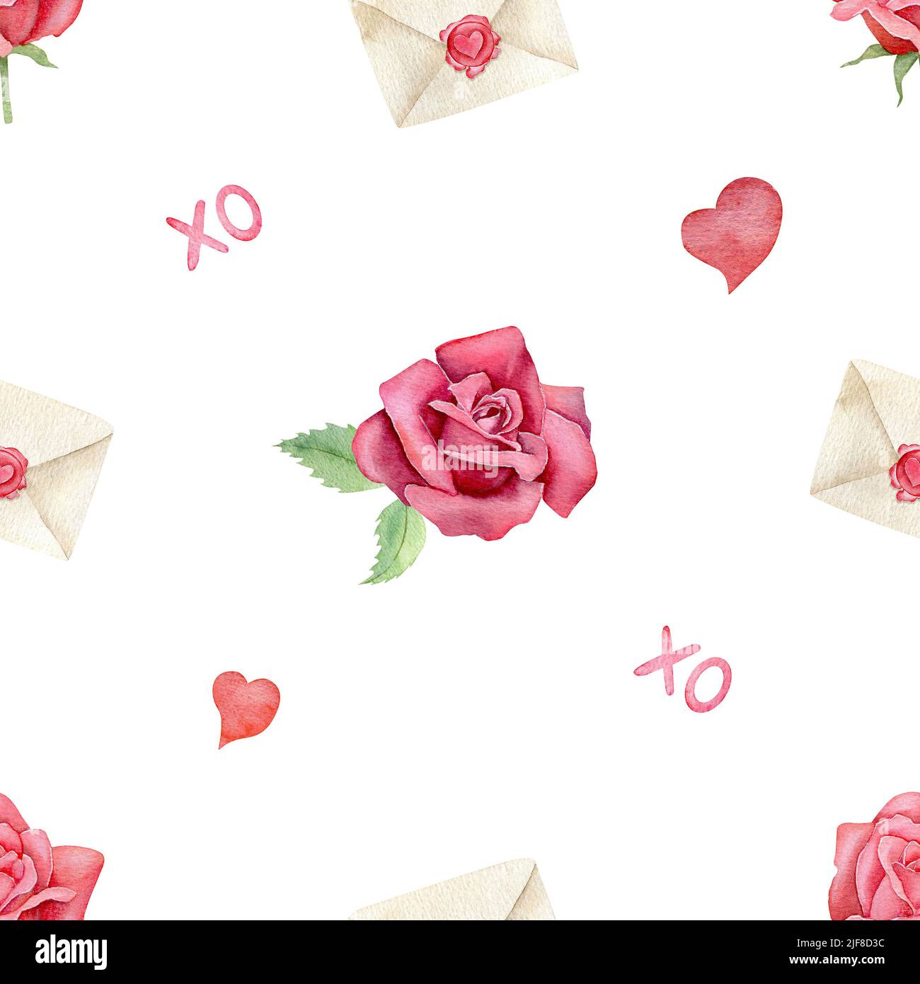Aquarell Rose und Herz nahtlose Muster. Handgezeichnete Valentinstagsillustrierung für Stoff, Geschenkpapier auf weißem Hintergrund Stockfoto