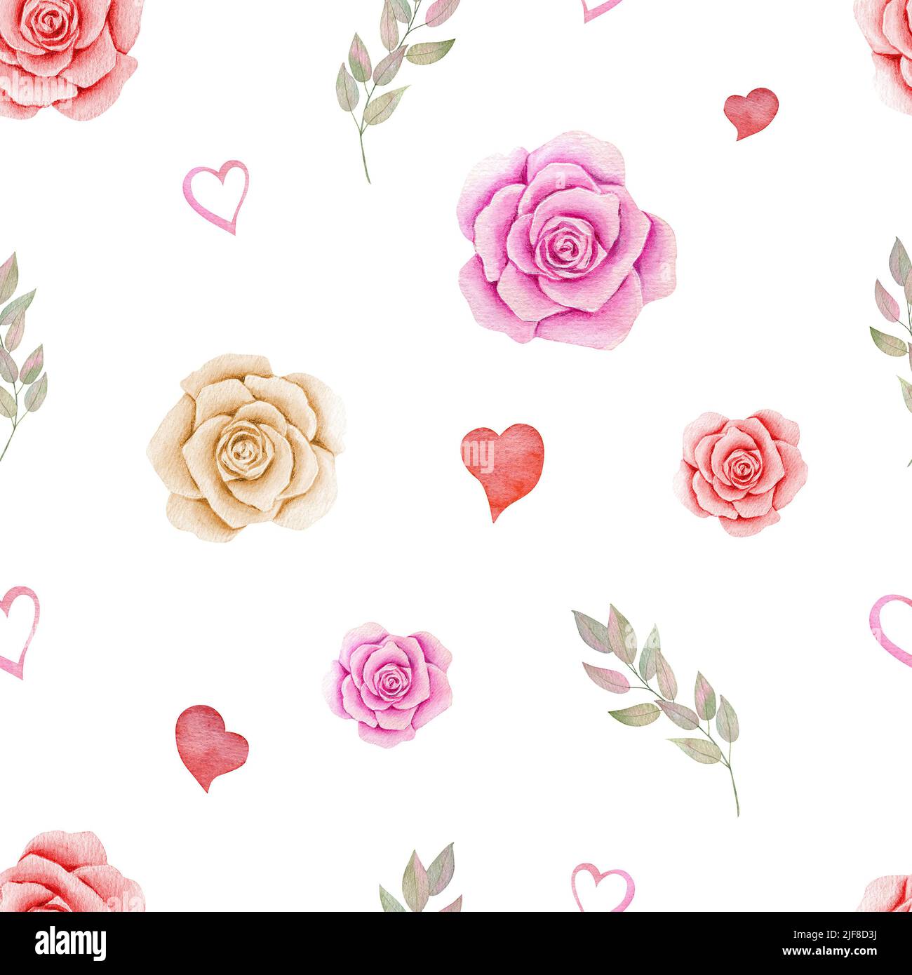 Aquarell Rose und Herz nahtlose Muster. Handgezeichnete Valentinstagsillustrierung für Stoff, Geschenkpapier auf weißem Hintergrund Stockfoto