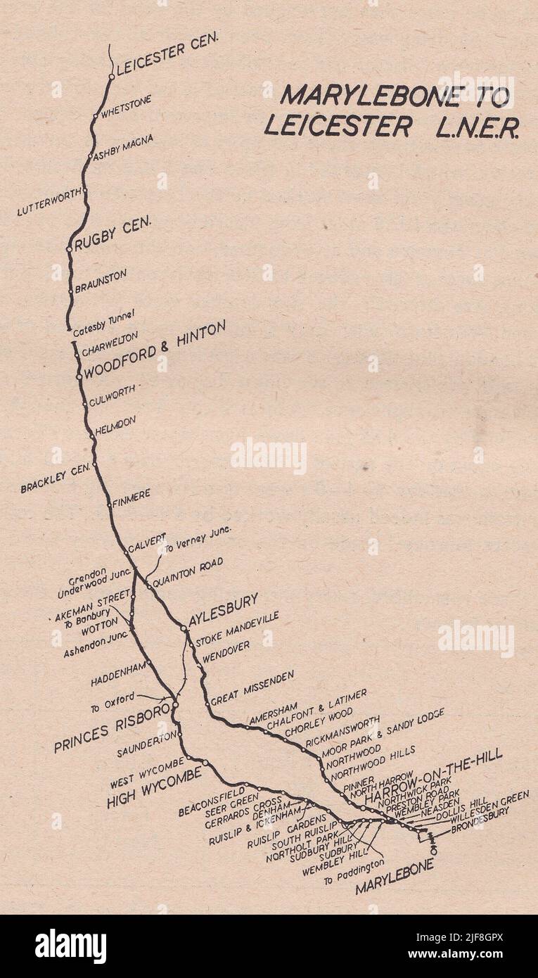 Alte Eisenbahnkarte - Marylebone nach Leicester L.N.E.R. Stockfoto