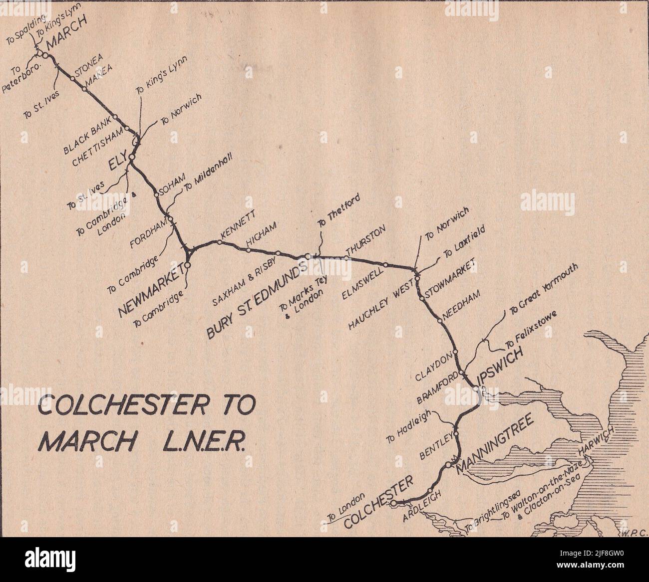 Alte Eisenbahnkarte - Colchester bis March L.N.E.R. Stockfoto