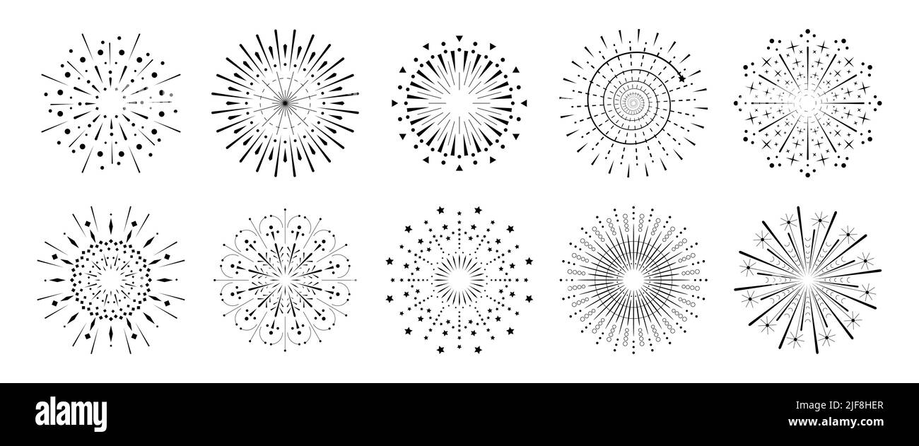 Feuerwerk funkelt Strahl Set. Strahler Sunburst – abstrakte Kollektion. Verschiedene Sonnenstrahlen oder Feuerwerk funkelt Strahlen. Sonnenlicht Kreis Grafik Design Elemente. Mehrere Optionen für Sonneneinstrahlung. Vektor Stock Vektor