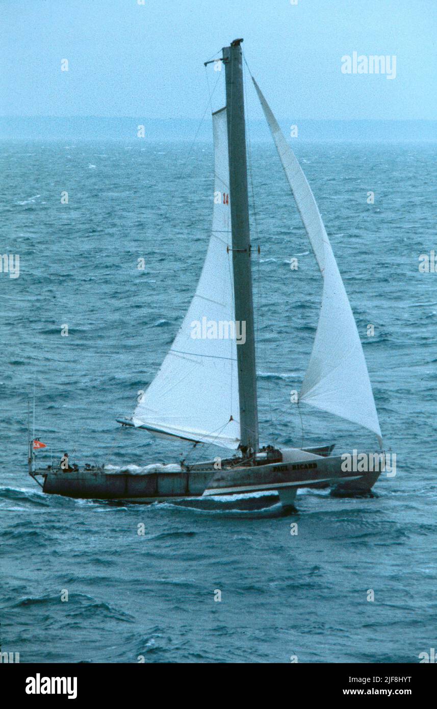 AJAXNETPHOTO. NOVEMBER 1982. ST.MALO, FRANKREICH. - ROUTE DU RHUM - DER TRAGFLÄCHENBOOT-TRIMARAN PAUL RICARD MIT ERIC TABARLY FÄHRT NACH DEM START NACH WESTEN DEN KANAL HINUNTER. FOTO: JONATHAN EASTLAND/AJAX REF:60305 19 Stockfoto