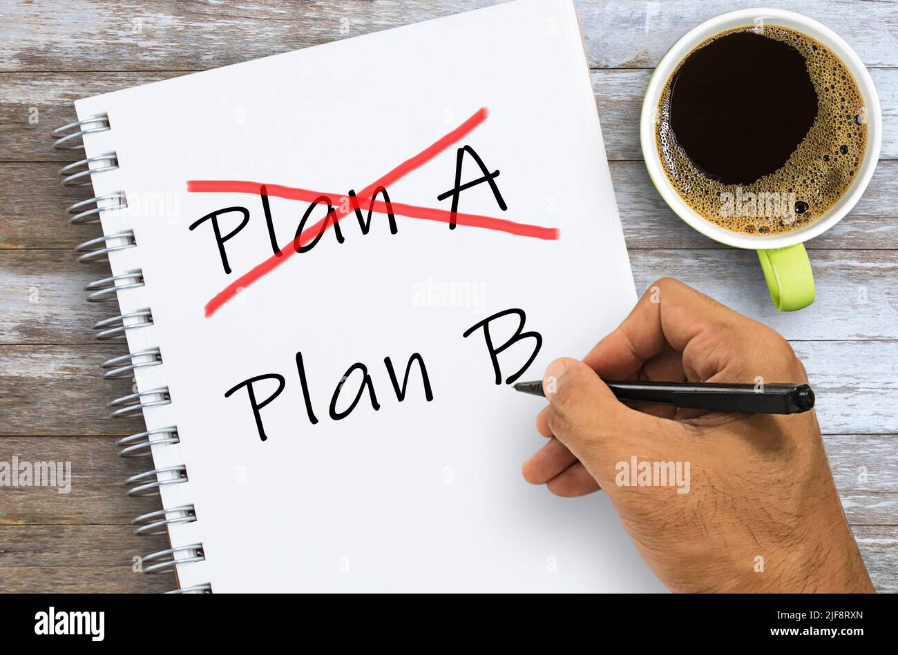 Plan A durchgehen und Plan B-Konzept zur Änderung des Plans schreiben. Handschriftplan A und Plan B auf Notizbuch mit Kaffee Stockfoto