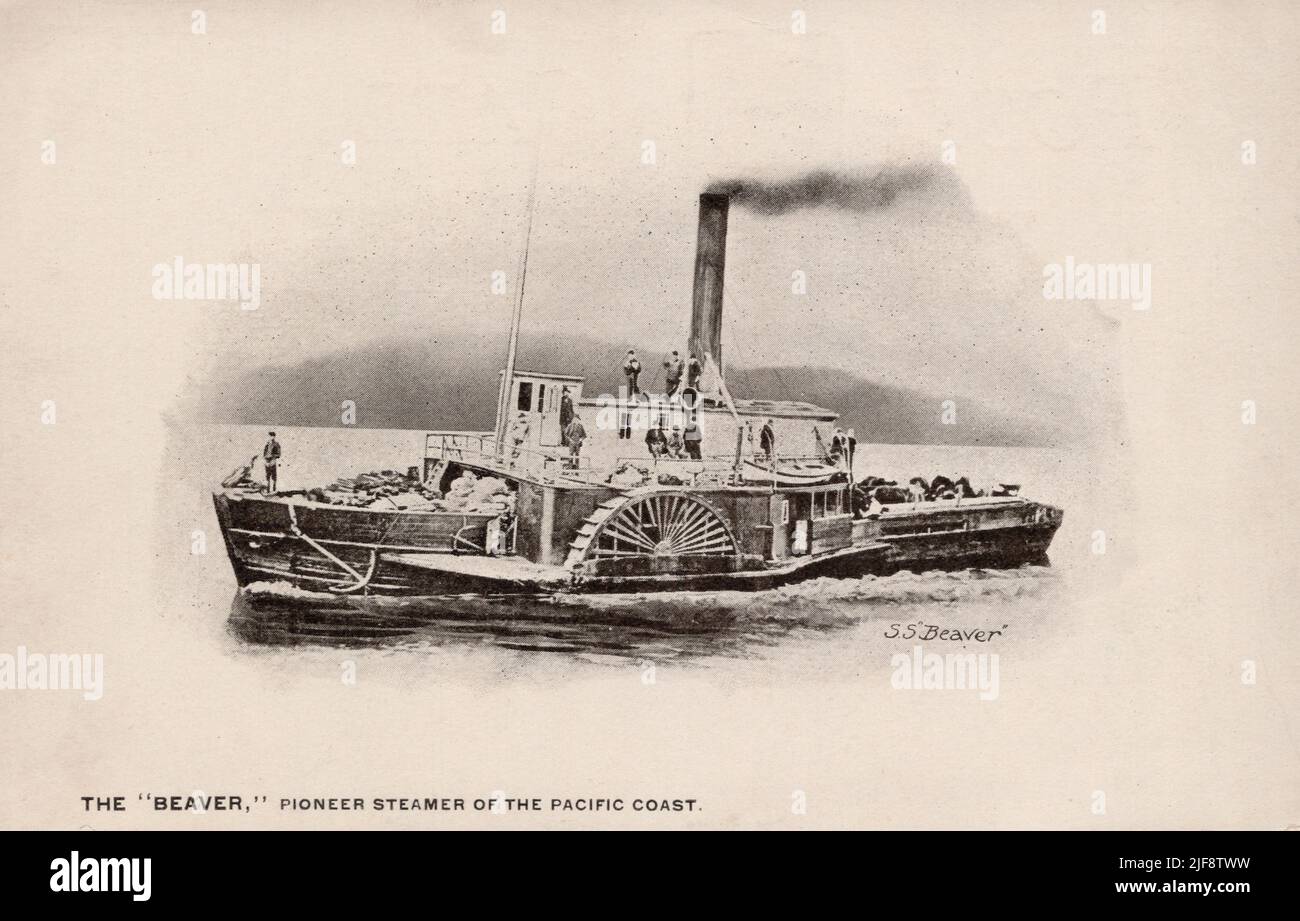 SS Beaver, Pioneer Steamer der Pazifikküste, Vancouver BC Kanada, ca. 1887 Postkartenbild. Nicht identifizierter Fotograf. Stockfoto