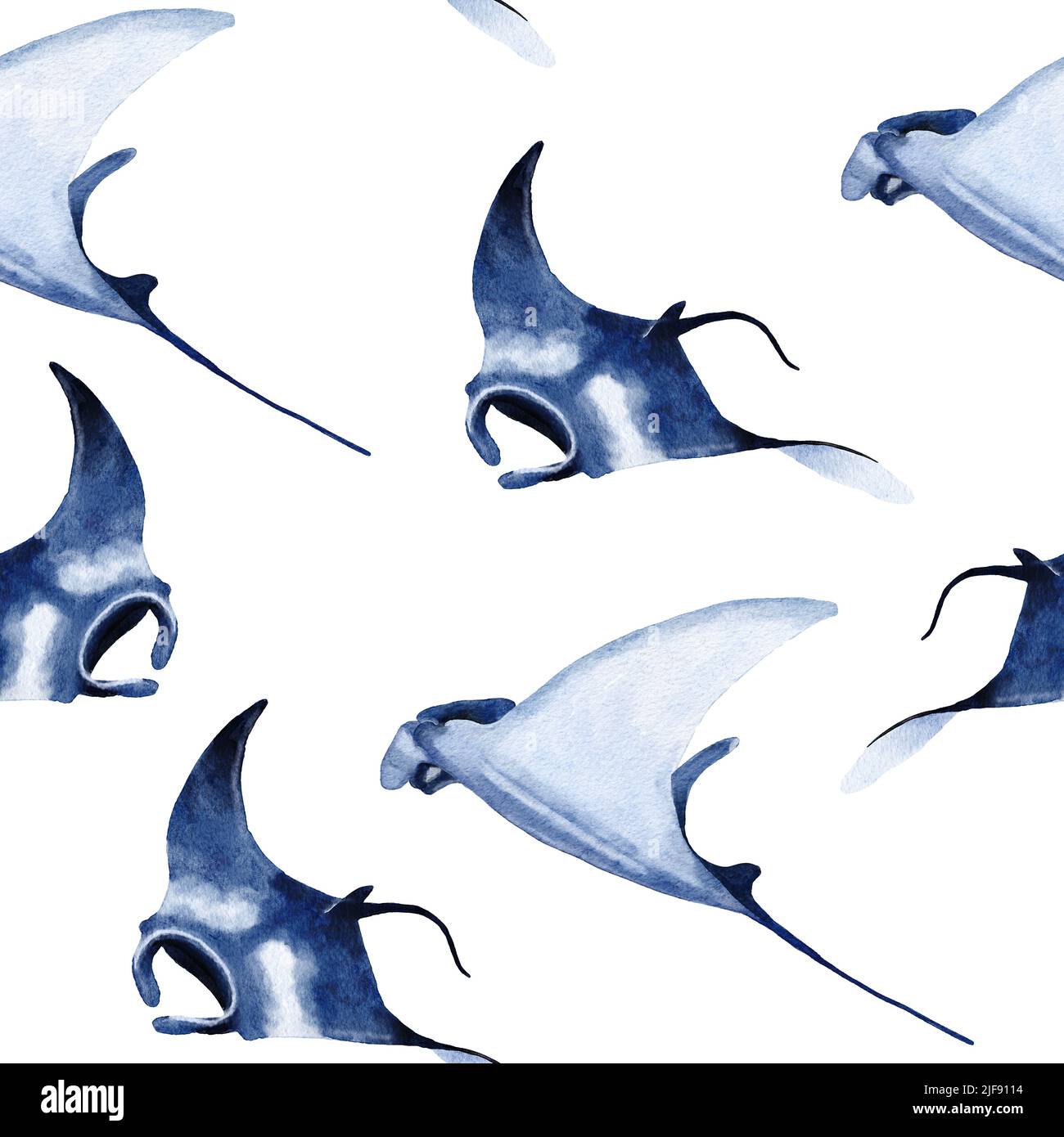 Handgezeichnetes Aquarell-Nahtloses Muster mit Manta-Strahl. Meer Ozean marine Tier, nautische Unterwasser bedrohte Säugetierarten. Blaugraue Illustration für Stoff-Kinderzimmer-Dekor, unter dem Meer Drucke Stockfoto
