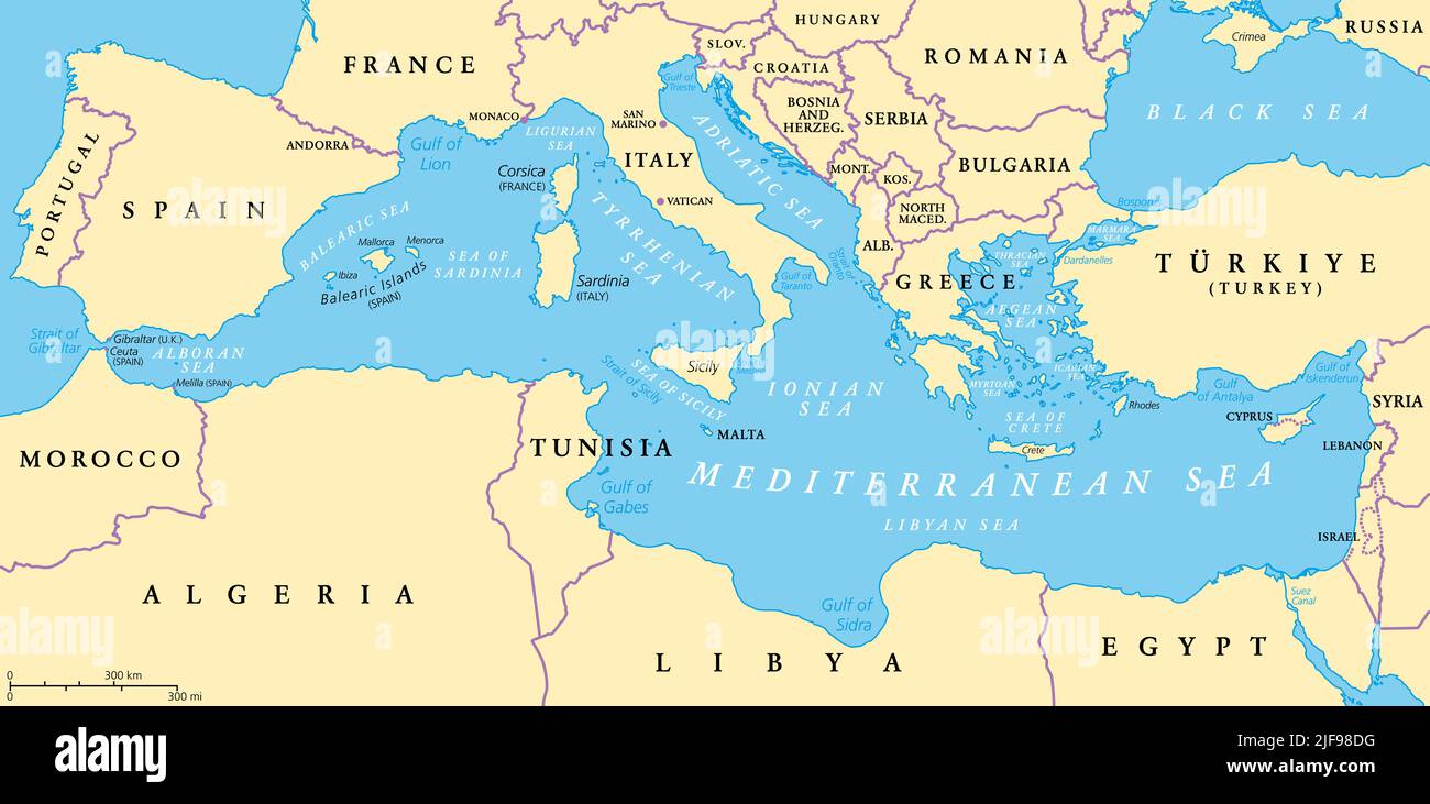 Mittelmeer, politische Landkarte mit Unterteilungen, Meerengen, Inseln und Ländern. Verbunden mit dem Atlantischen Ozean, umgeben von Mittelmeer-Becken. Stockfoto