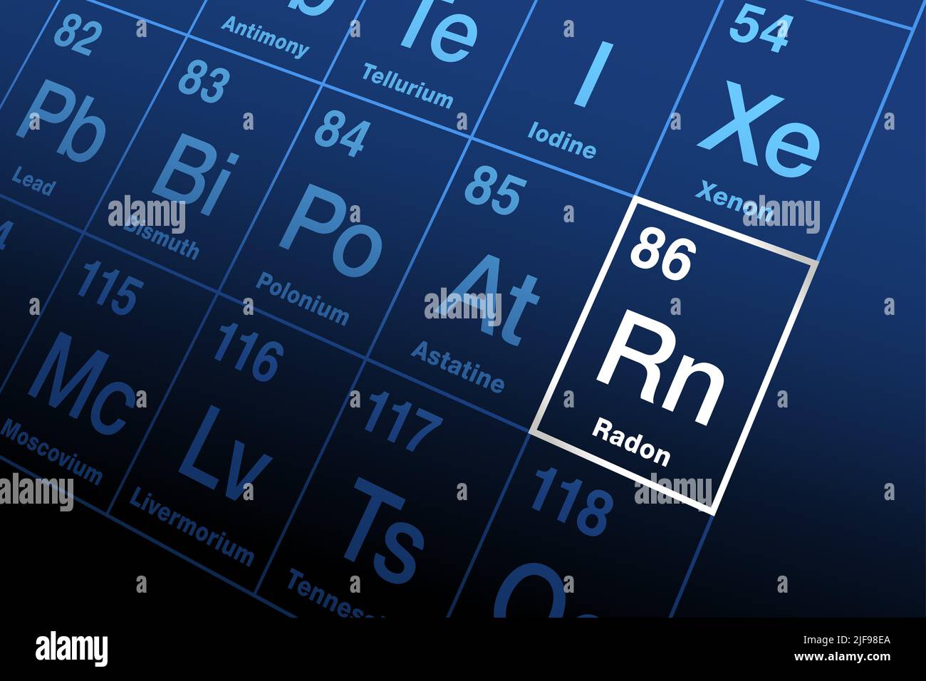 Radon auf dem Periodensystem der Elemente. Radioaktives Edelgas, Symbol RN, Ordnungszahl 86. Zerfallsprodukt von Radium, kommt natürlich in kleinen Mengen vor Stockfoto