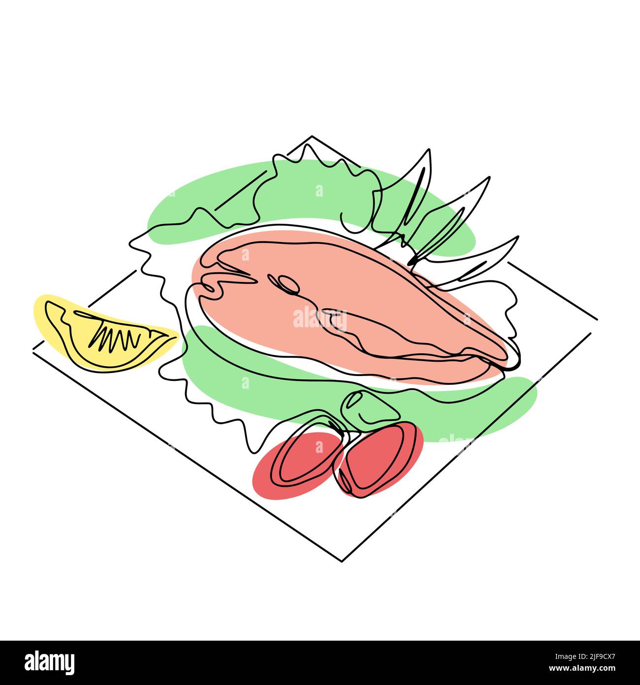 Gericht Lachs mit Salat Zitrone und Tomaten Linie Art Vektor. Gekochte Speisen, Meeresfrüchte und isolierte einzeilige Illustration. Fischsteak mit roter Forelle und Garnierung Stock Vektor