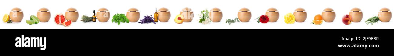 Set von Aromaöl-Diffusoren auf weißem Hintergrund Stockfoto