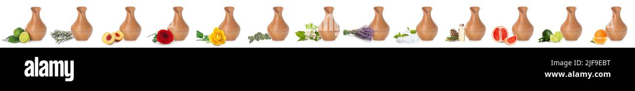 Set von Aromaöl-Diffusoren auf weißem Hintergrund Stockfoto