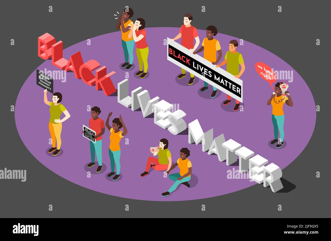 Black Lives Matter isometrische Komposition mit 3D Text umgeben von menschlichen Charakteren afroamerikanischer Aktivisten Vektordarstellung Stock Vektor