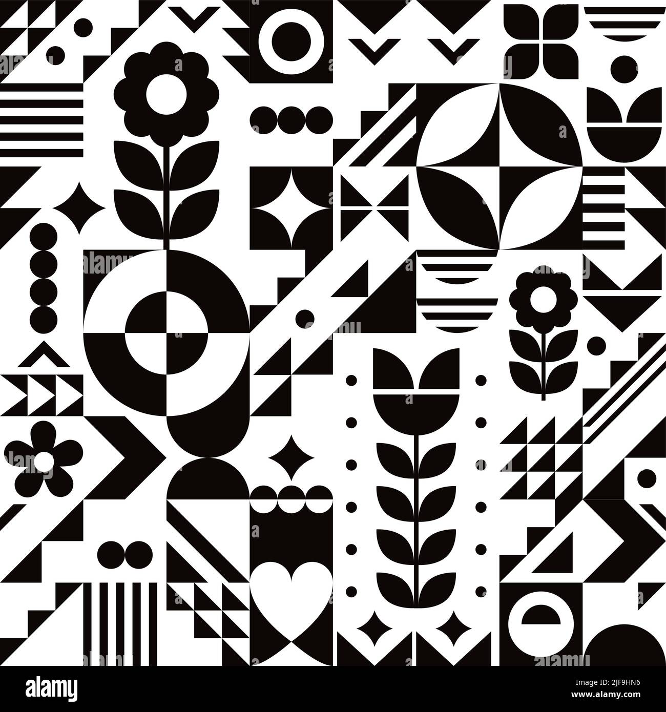 Bauhaus-Stil coole geometrische Vektor nahtlose Muster in schwarz und weiß mit Blumen, abstraktes modernes Design perfekt für Tapeten oder Textil, Stoff Stock Vektor