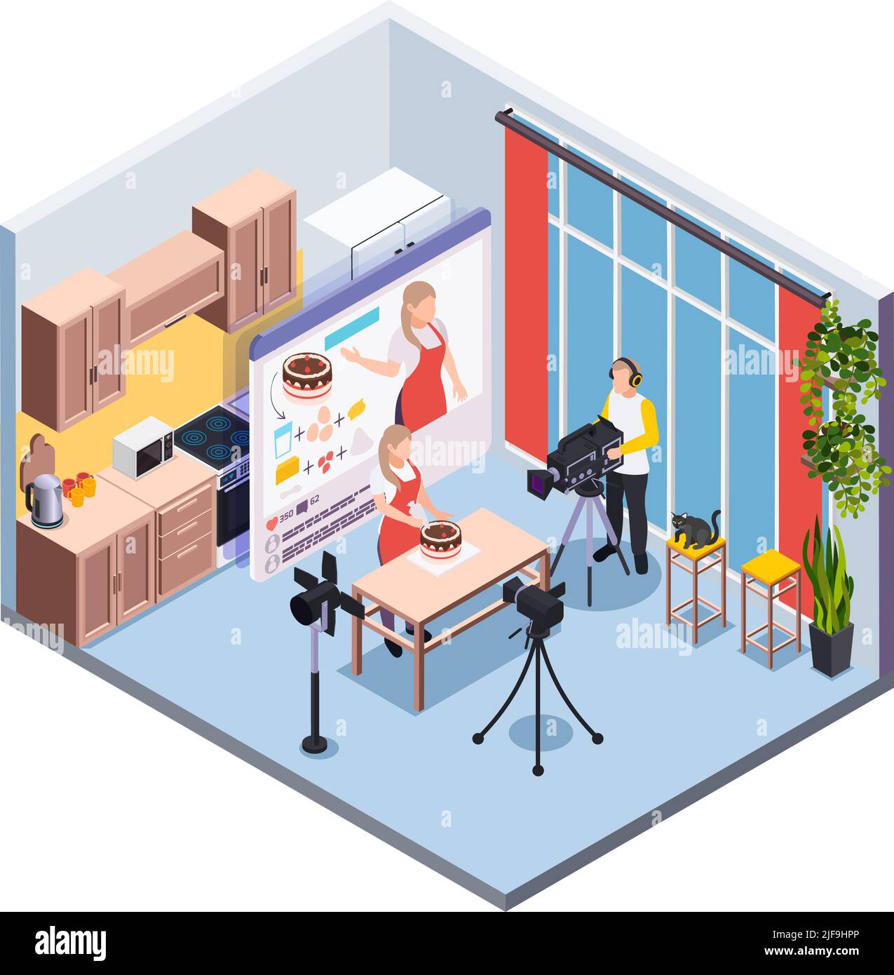 Blogging isometrische Zusammensetzung mit Bediener und Konditor Filmen Kochen Show in Küche Innenraum Vektor-Illustration Stock Vektor