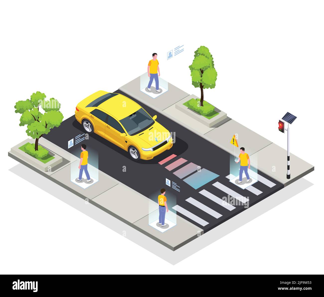 Smart City-Technologien isometrische Zusammensetzung mit Blick auf sichere Fahrbahn mit automatisierten Auto-und Walking People Vektor-Illustration Stock Vektor