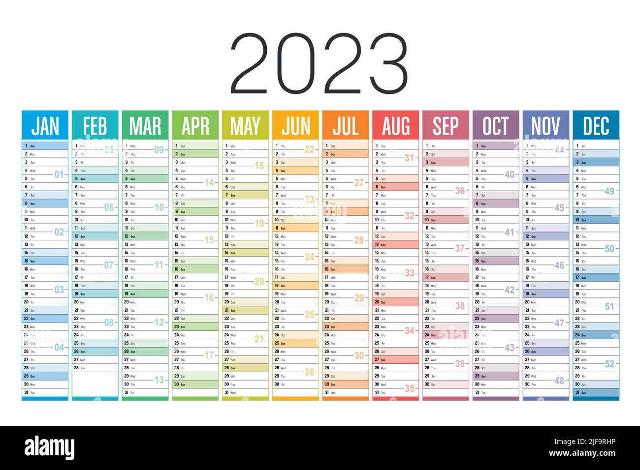 Jahr 2023 farbenfroher Kalender auf weißem Hintergrund. Vektorvorlage. Stock Vektor
