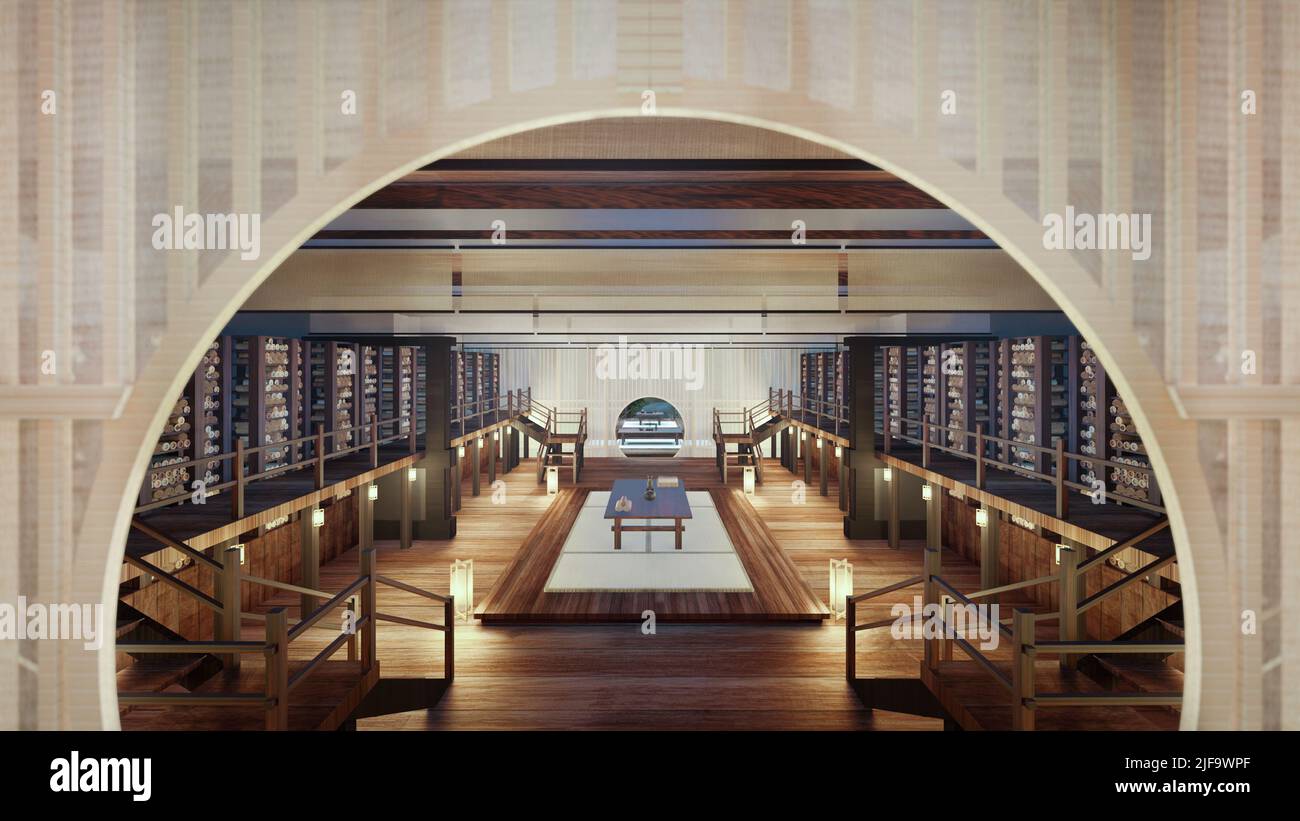 3D Darstellung einer Bibliothek mit Blättern aus dem alten chinesischen Bambus Stockfoto