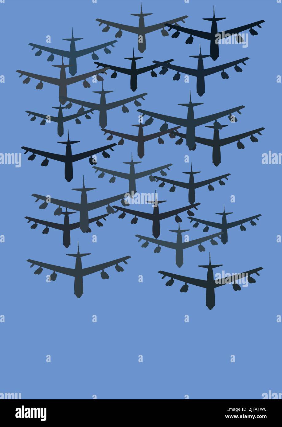 Illustration von Flugzeugen, die auf blauem Hintergrund fliegen, speichern ukraine Konzept, Stock Illustration Stockfoto