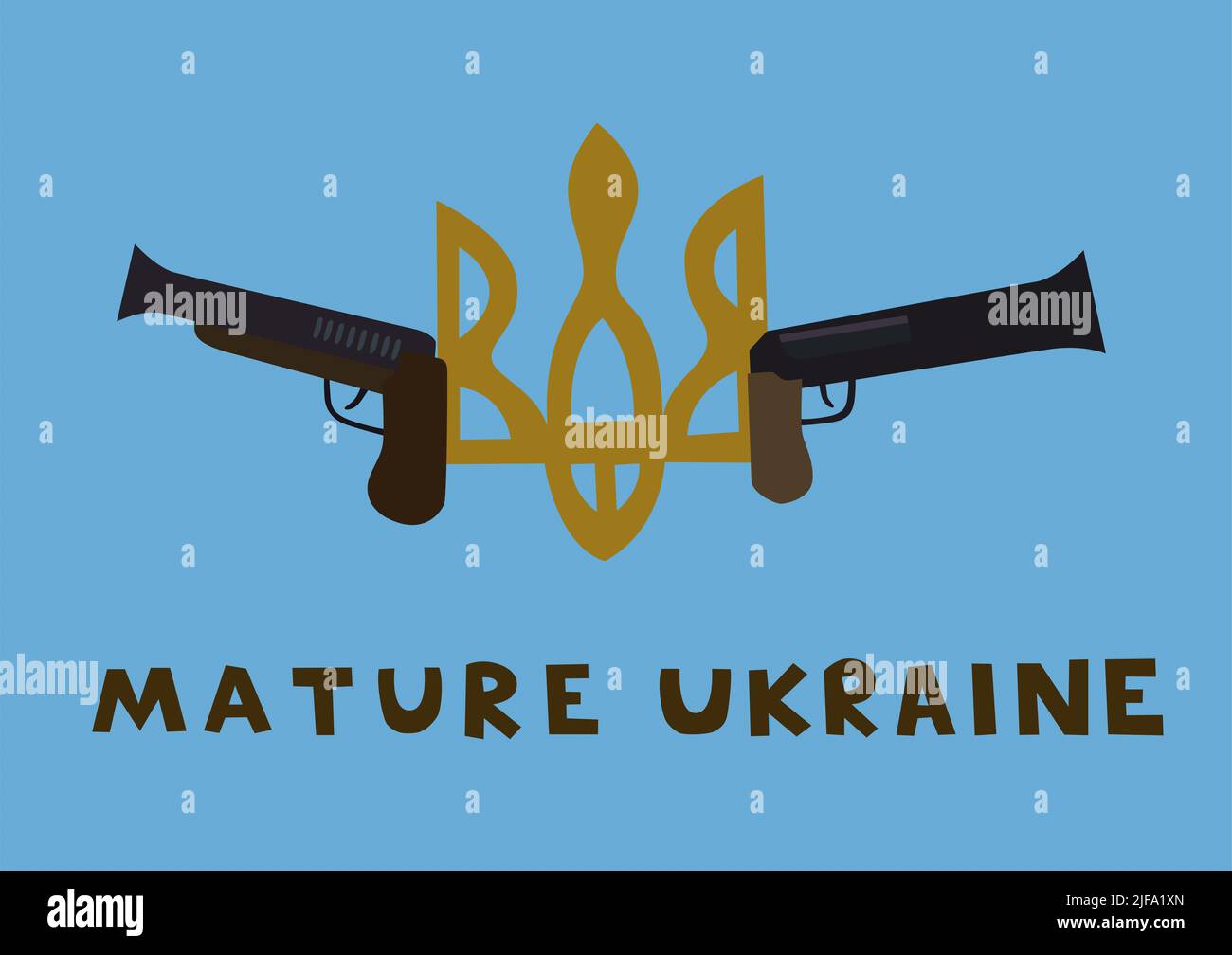 Illustration von Dreizack in der Nähe von Waffen und reifen ukraine Schriftzug auf blau, Stock Illustration Stockfoto