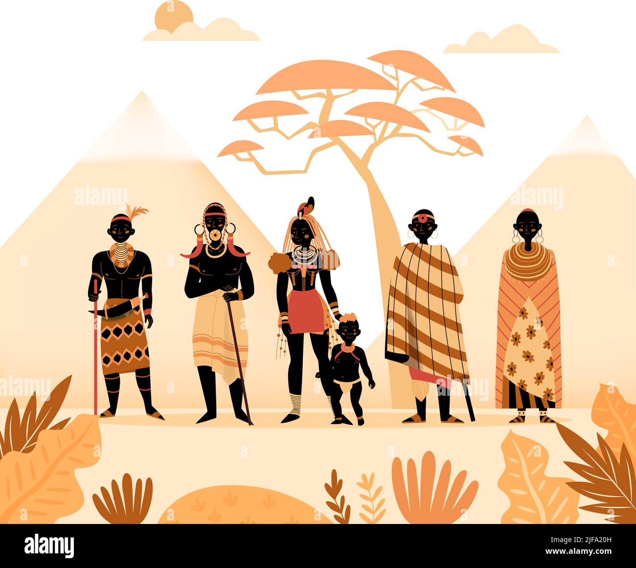 Afrika-Komposition mit Silhouette der Landschaft mit Bergen exotische Pflanzen und Zeichen der alten afrikanischen Menschen Vektor-Illustration Stock Vektor