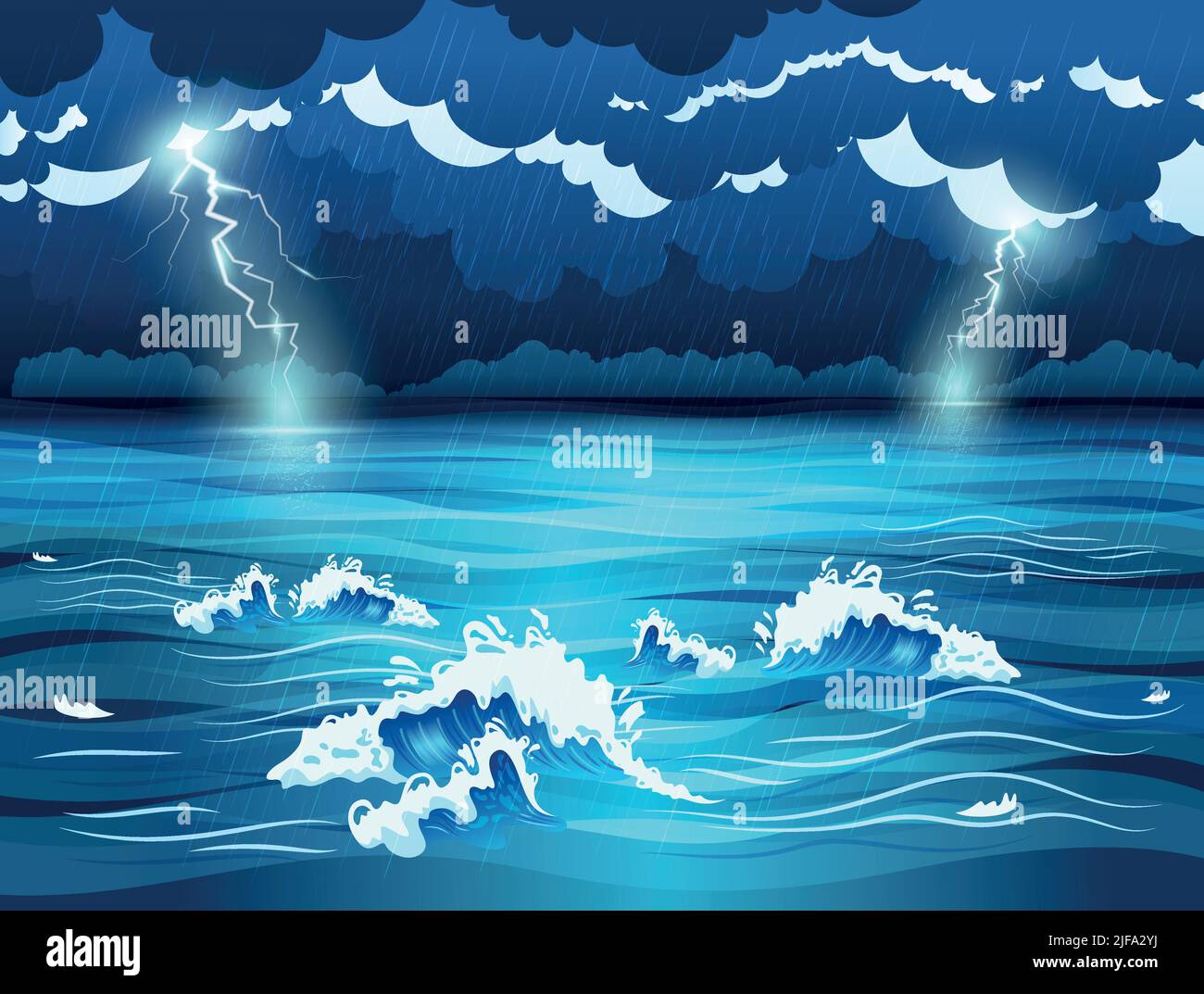 Meereswellen und dunkler Himmel mit Blitzen während Sturm flache Vektorgrafik Stock Vektor