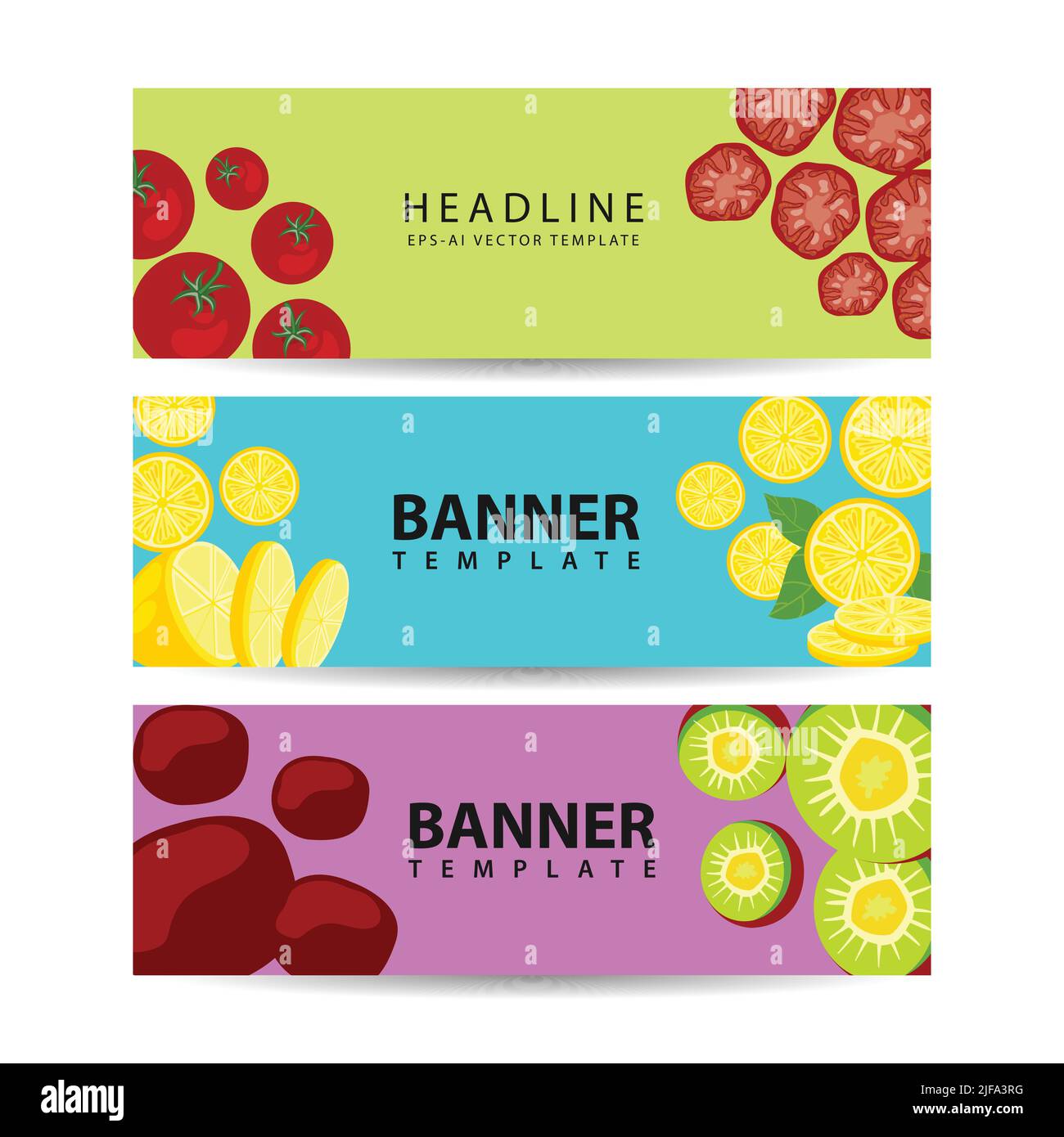 Drei horizontale Banner mit bunten Kompositionen aus ganz und gehacktem frischem Gemüse und Obst Stock Vektor
