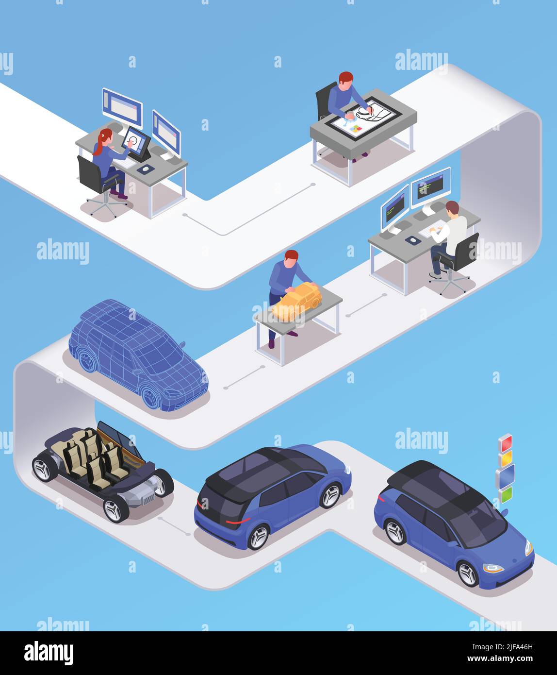 Autodesigner Beruf isometrisches Konzept mit skizzierenden Symbolen Vektor-Illustration Stock Vektor