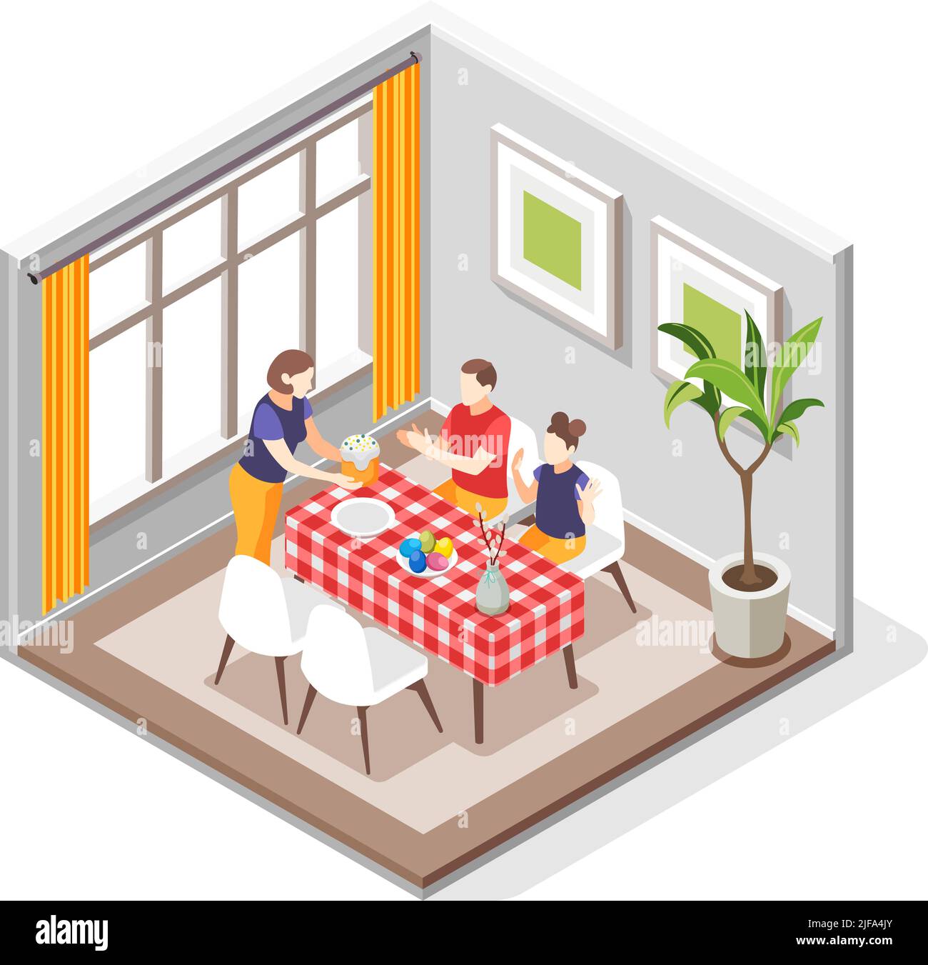 Ostern isometrische Komposition mit Blick auf das Esszimmer mit Familienmitglieder sitzen am Tisch mit Kuchen Vektor-Illustration Stock Vektor