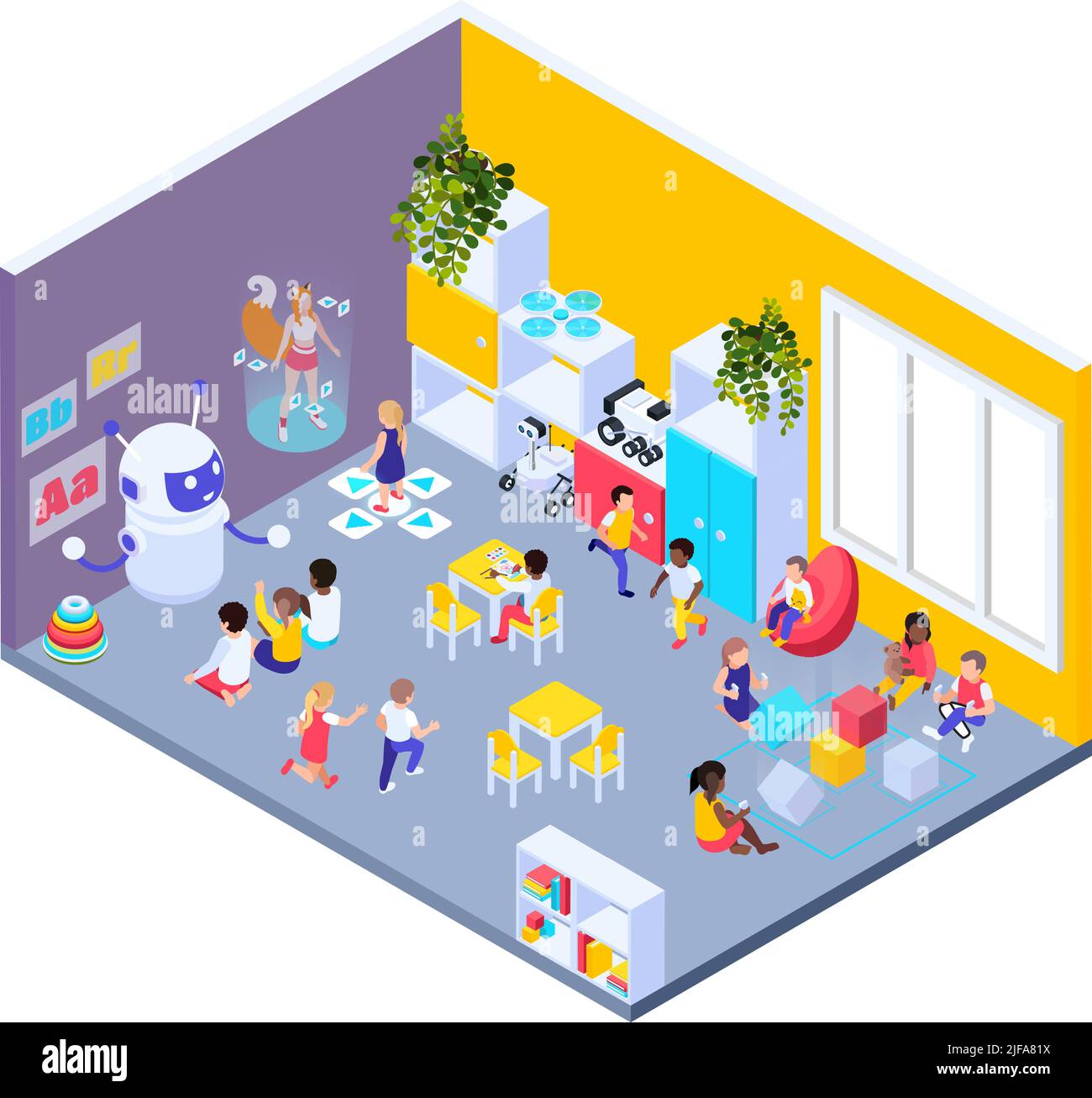 Moderne futuristische Spielplatz isometrische Komposition mit Blick auf Kindergarten Zimmer mit Kindern und Roboter Kindergarten Lehrer Vektor-Illustration Stock Vektor