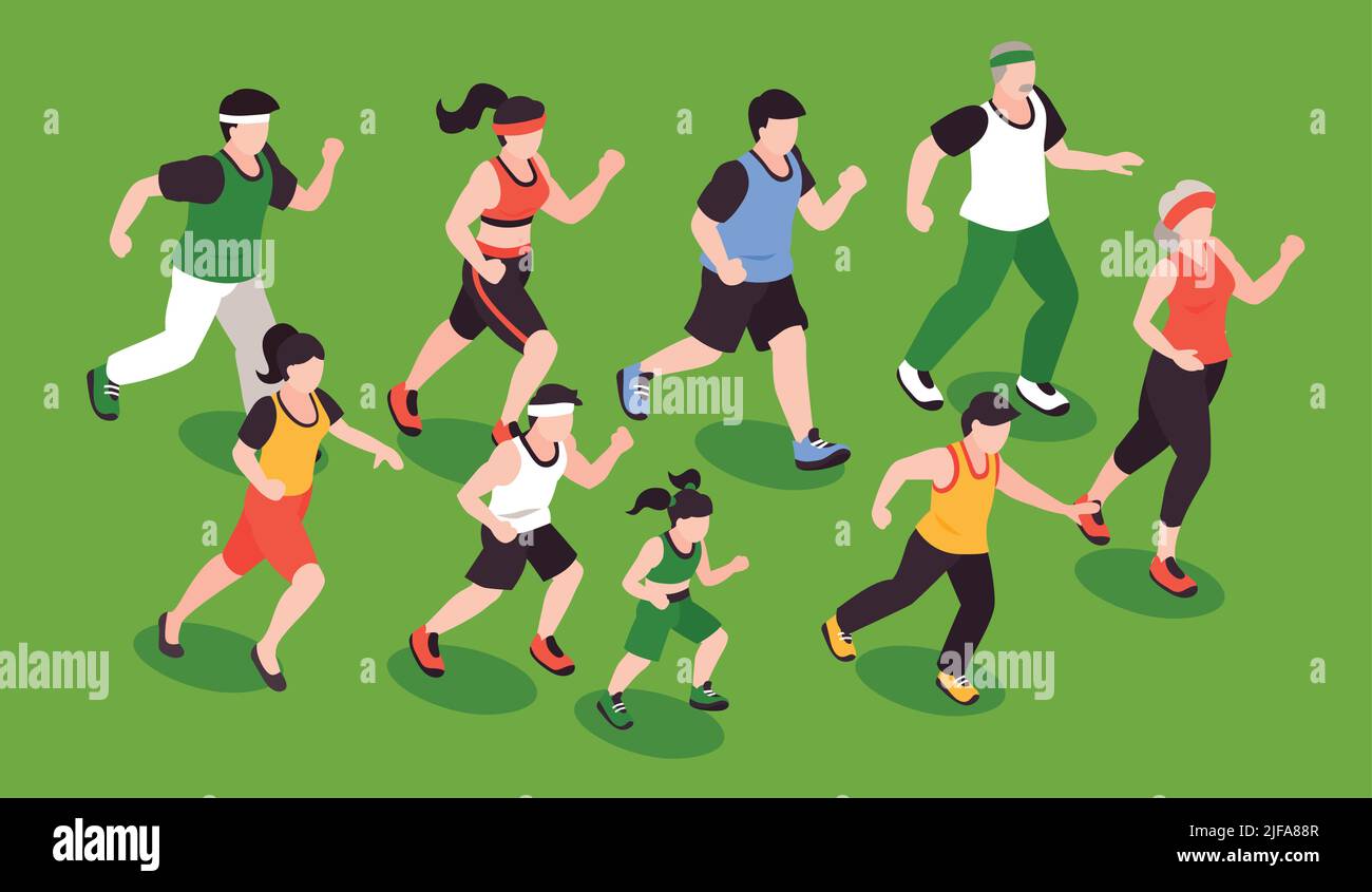 Menschen laufen Konzept mit Fitness-Jogging-Symbole isometrische Vektor-Illustration Stock Vektor